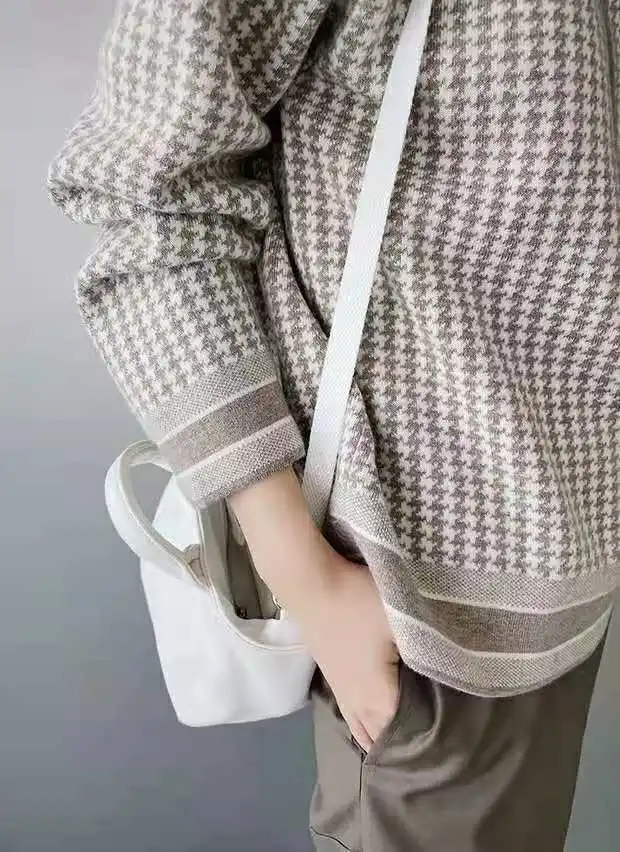 Western style thousands of birds hooded wool sweater hoodie women autumn and winter new loose pullover sweater bottom shirt