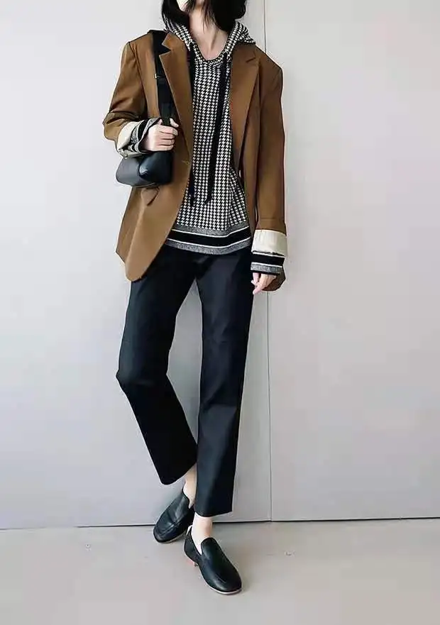 Western style thousands of birds hooded wool sweater hoodie women autumn and winter new loose pullover sweater bottom shirt