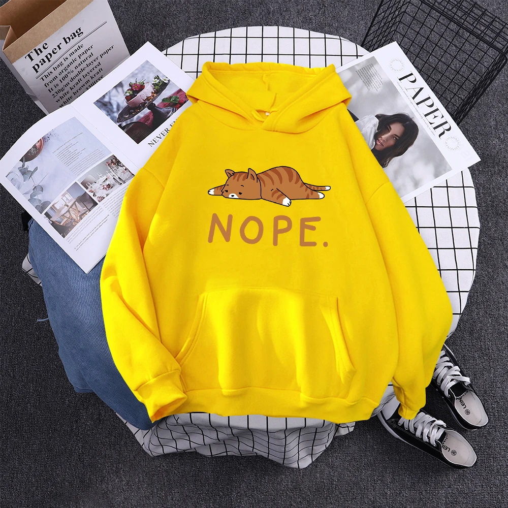 Womans Hoodie Sleeping Cat Nope Print Sweatshirts Females Fashion Oversize Sweater Winter Concise Funny Animal Lady Long Sleeve