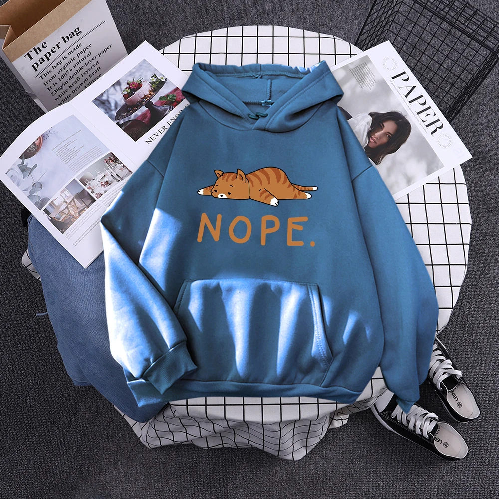 Womans Hoodie Sleeping Cat Nope Print Sweatshirts Females Fashion Oversize Sweater Winter Concise Funny Animal Lady Long Sleeve