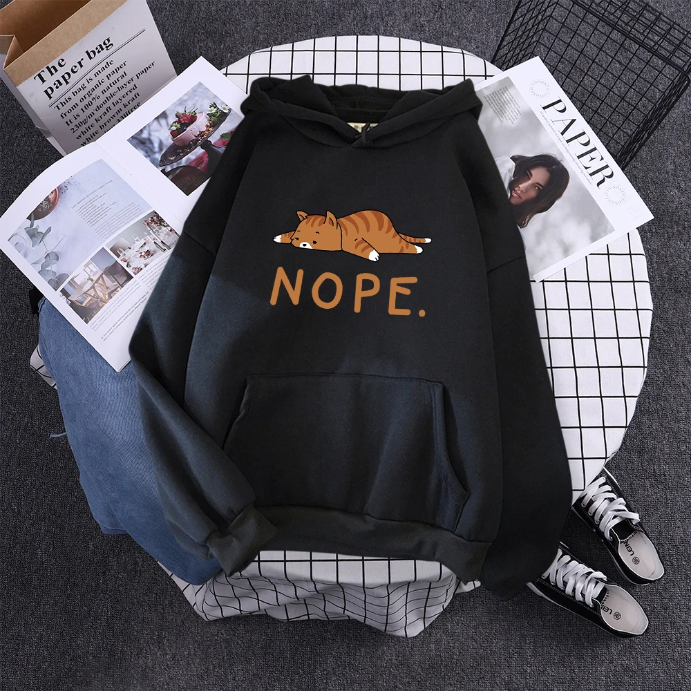 Womans Hoodie Sleeping Cat Nope Print Sweatshirts Females Fashion Oversize Sweater Winter Concise Funny Animal Lady Long Sleeve