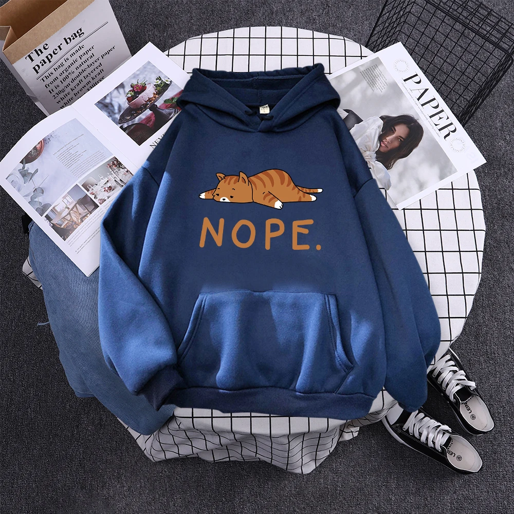 Womans Hoodie Sleeping Cat Nope Print Sweatshirts Females Fashion Oversize Sweater Winter Concise Funny Animal Lady Long Sleeve