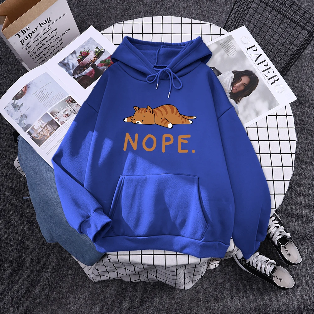 Womans Hoodie Sleeping Cat Nope Print Sweatshirts Females Fashion Oversize Sweater Winter Concise Funny Animal Lady Long Sleeve