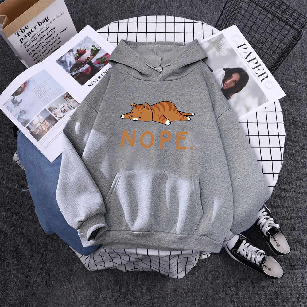 Womans Hoodie Sleeping Cat Nope Print Sweatshirts Females Fashion Oversize Sweater Winter Concise Funny Animal Lady Long Sleeve