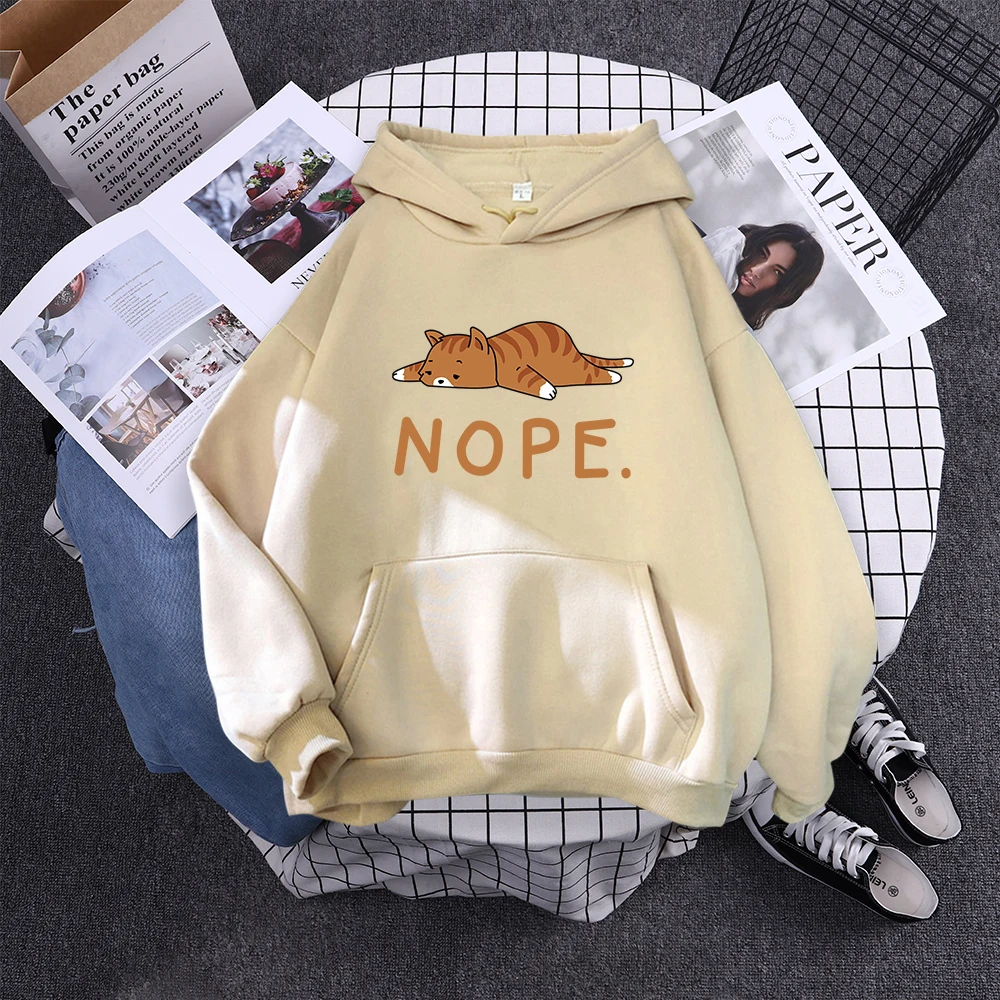 Womans Hoodie Sleeping Cat Nope Print Sweatshirts Females Fashion Oversize Sweater Winter Concise Funny Animal Lady Long Sleeve