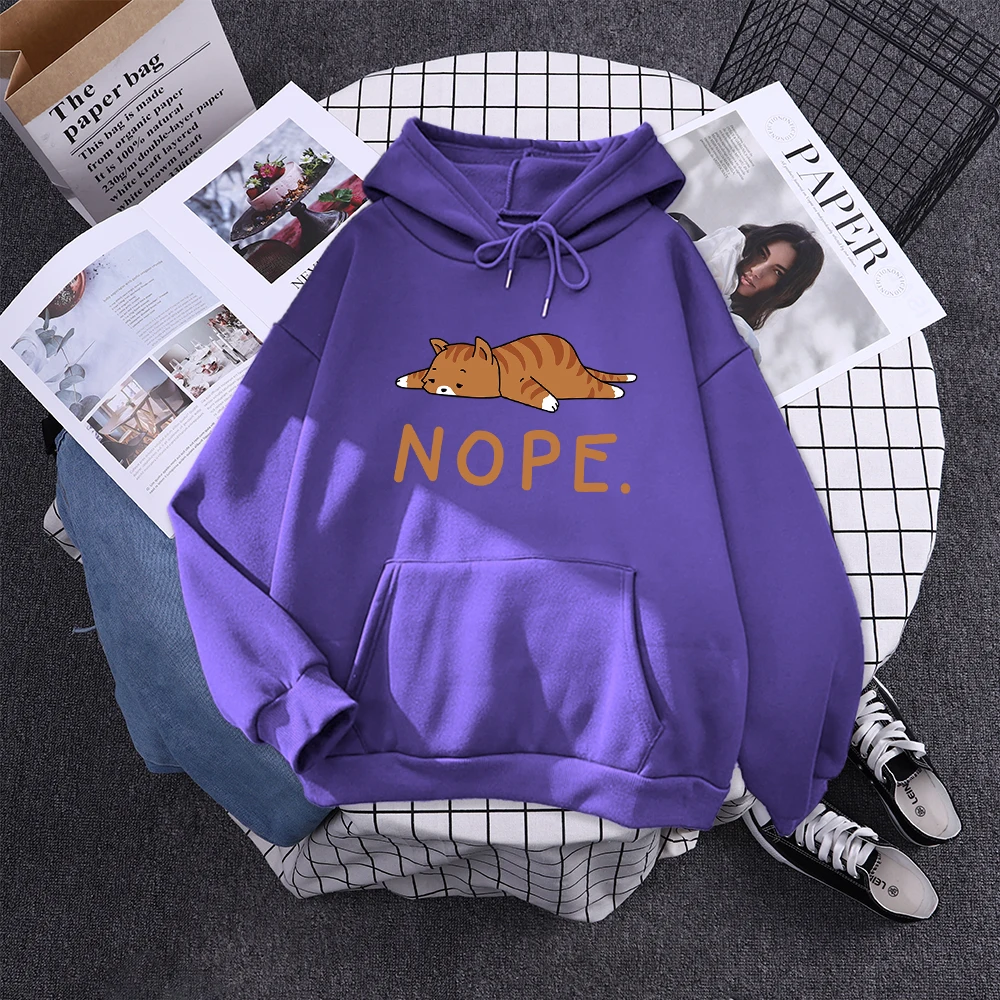 Womans Hoodie Sleeping Cat Nope Print Sweatshirts Females Fashion Oversize Sweater Winter Concise Funny Animal Lady Long Sleeve