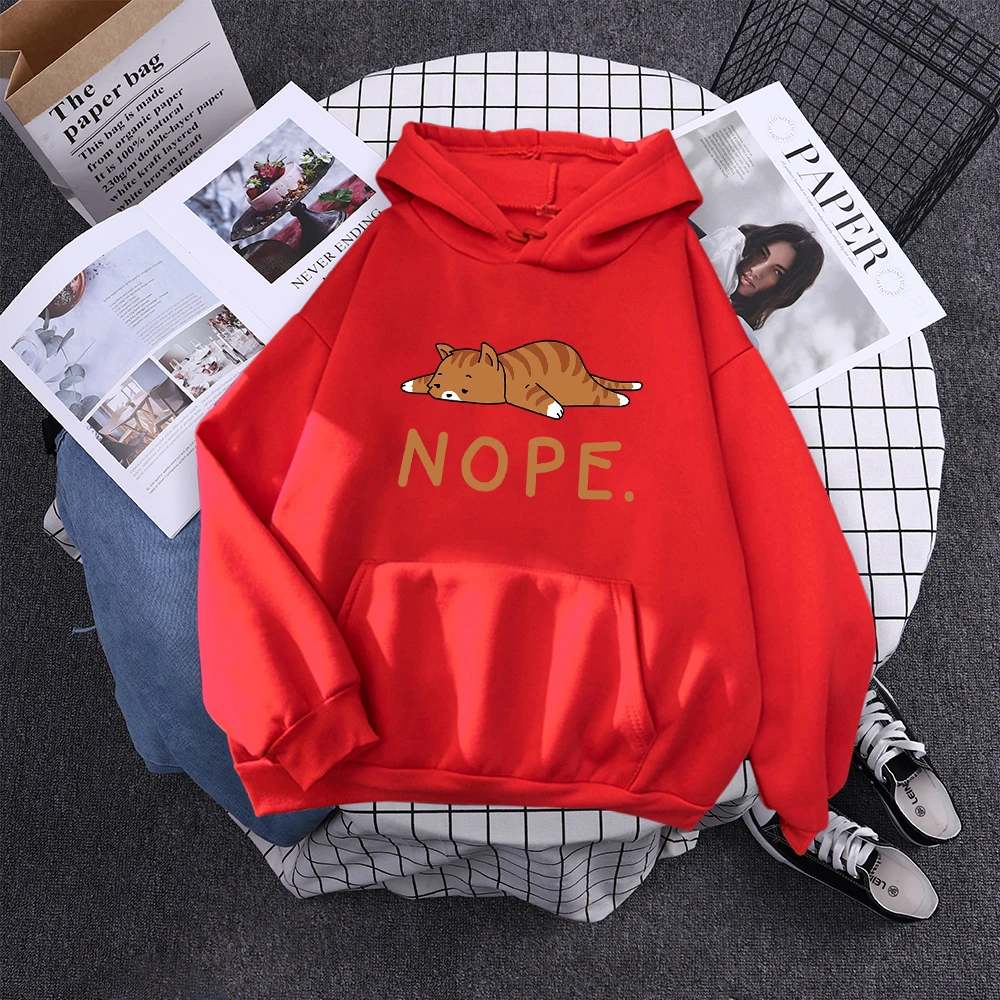 Womans Hoodie Sleeping Cat Nope Print Sweatshirts Females Fashion Oversize Sweater Winter Concise Funny Animal Lady Long Sleeve