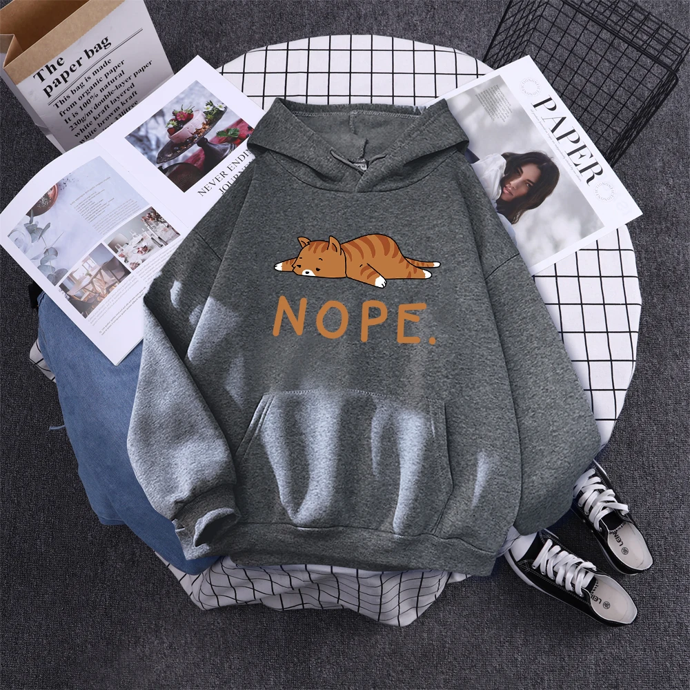 Womans Hoodie Sleeping Cat Nope Print Sweatshirts Females Fashion Oversize Sweater Winter Concise Funny Animal Lady Long Sleeve
