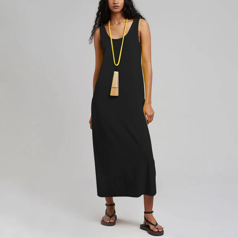 Fashion Chic Elegant Summer Dresses Woman Terry Cloth Casual O-Neck Sleeveless Basic Long Maxi Dresses Vestidos De Mujer