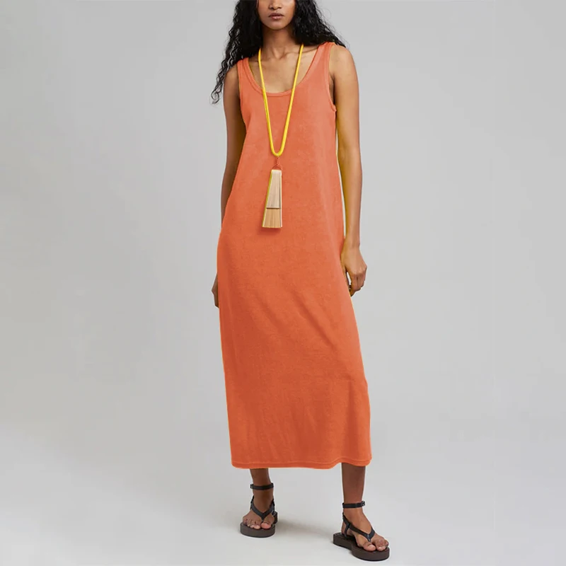 Fashion Chic Elegant Summer Dresses Woman Terry Cloth Casual O-Neck Sleeveless Basic Long Maxi Dresses Vestidos De Mujer