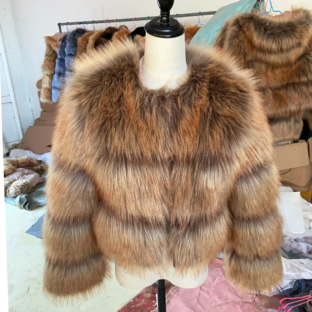 HOOOFUR Fur Coat Women's Jacket Faux Winter Women Short Warm Thick Raccoon Fake Fur Coat 2024 Brown