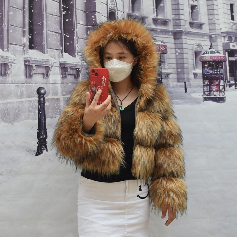 HOOOFUR Fur Coat Women's Jacket Faux Winter Women Short Warm Thick Raccoon Fake Fur Coat 2024 Brown