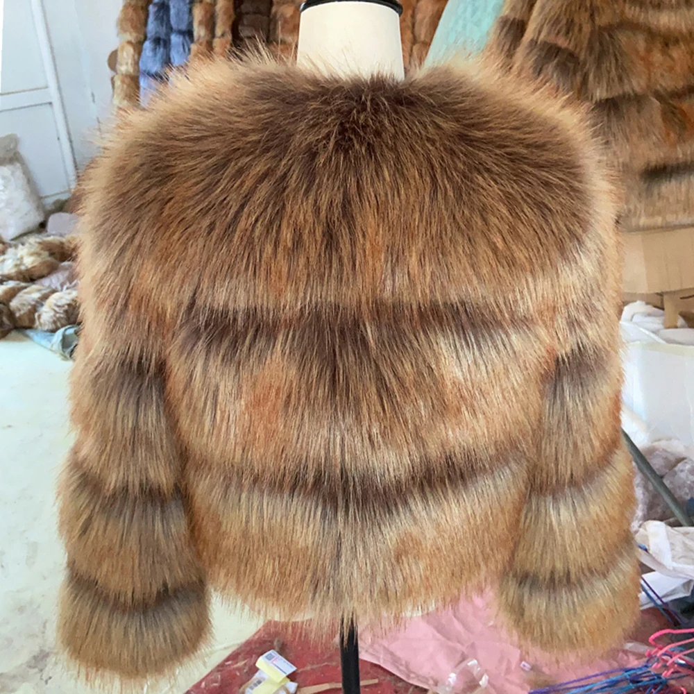HOOOFUR Fur Coat Women's Jacket Faux Winter Women Short Warm Thick Raccoon Fake Fur Coat 2024 Brown