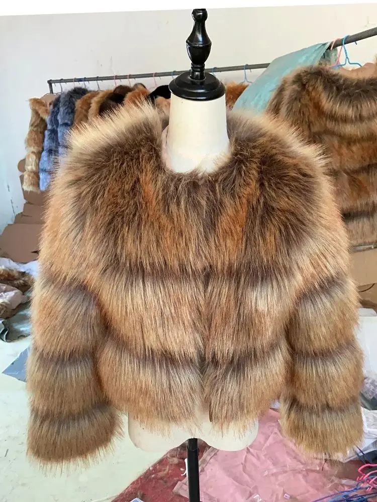 HOOOFUR Fur Coat Women's Jacket Faux Winter Women Short Warm Thick Raccoon Fake Fur Coat 2024 Brown