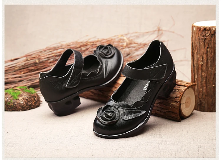 Vintage Cowhide Leather Sandals Women High Quality Mary Jane Shoes Low Heels Sandal With Flower Woman Chic Shoes Sandalias Mujer