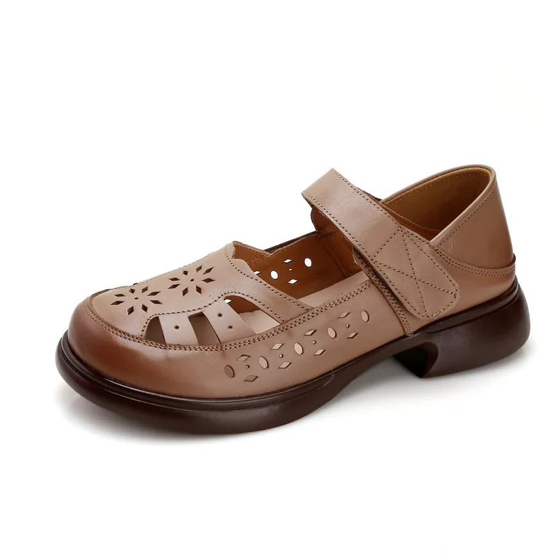 Vintage Cowhide Leather Sandals Women High Quality Mary Jane Shoes Low Heels Sandal With Flower Woman Chic Shoes Sandalias Mujer