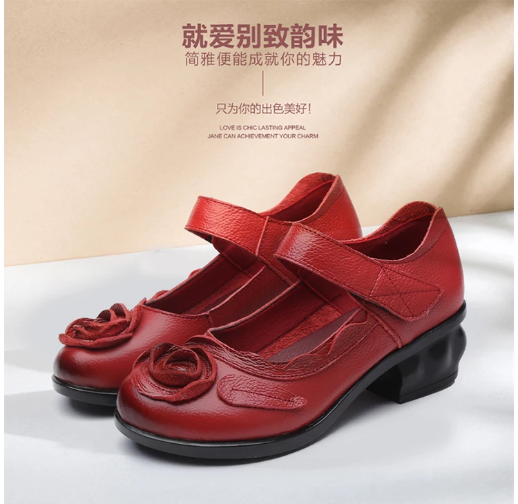 Vintage Cowhide Leather Sandals Women High Quality Mary Jane Shoes Low Heels Sandal With Flower Woman Chic Shoes Sandalias Mujer