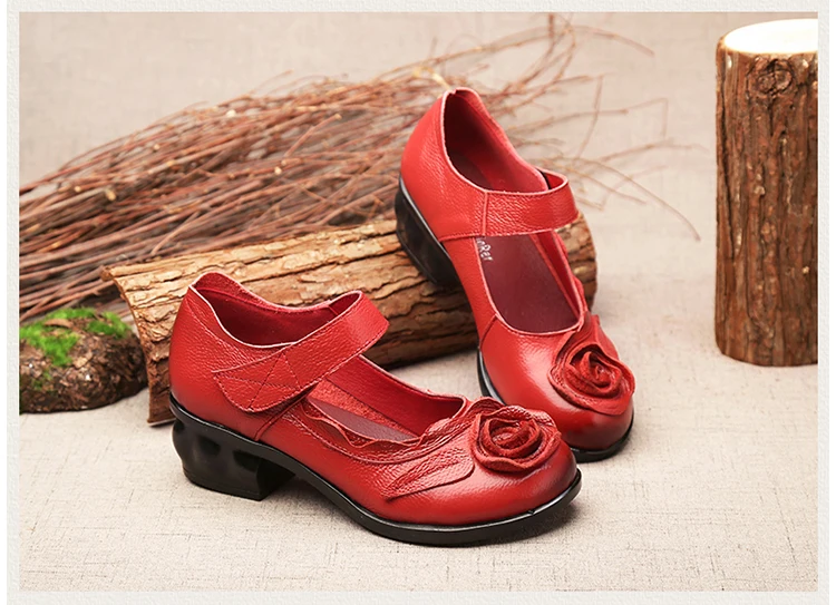 Vintage Cowhide Leather Sandals Women High Quality Mary Jane Shoes Low Heels Sandal With Flower Woman Chic Shoes Sandalias Mujer