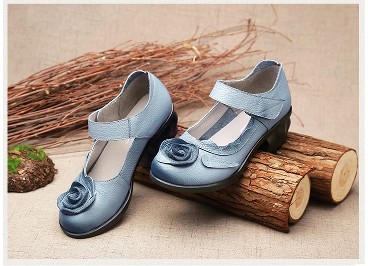 Vintage Cowhide Leather Sandals Women High Quality Mary Jane Shoes Low Heels Sandal With Flower Woman Chic Shoes Sandalias Mujer