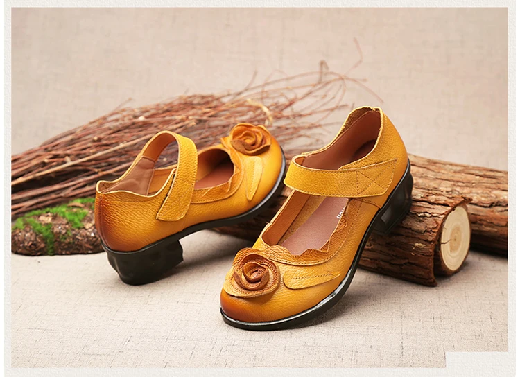 Vintage Cowhide Leather Sandals Women High Quality Mary Jane Shoes Low Heels Sandal With Flower Woman Chic Shoes Sandalias Mujer