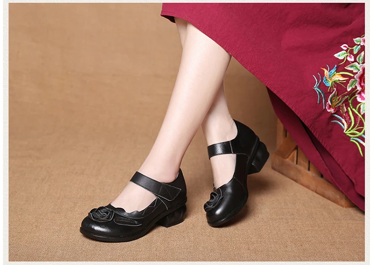 Vintage Cowhide Leather Sandals Women High Quality Mary Jane Shoes Low Heels Sandal With Flower Woman Chic Shoes Sandalias Mujer