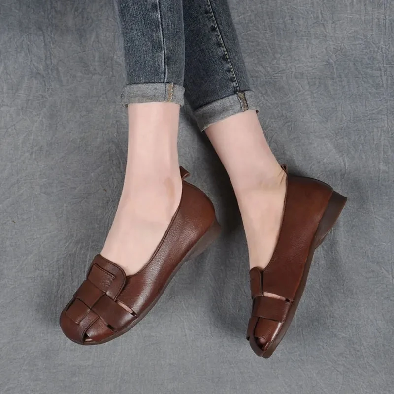 2024 New Braid Cutout Loafers Women's Brown Moccasins Female Vintage Shoes Slip On Leisure Retro Flats