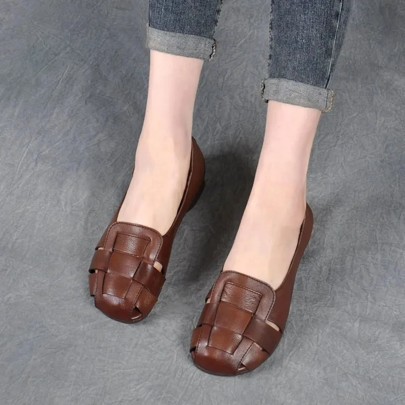 2024 New Braid Cutout Loafers Women's Brown Moccasins Female Vintage Shoes Slip On Leisure Retro Flats