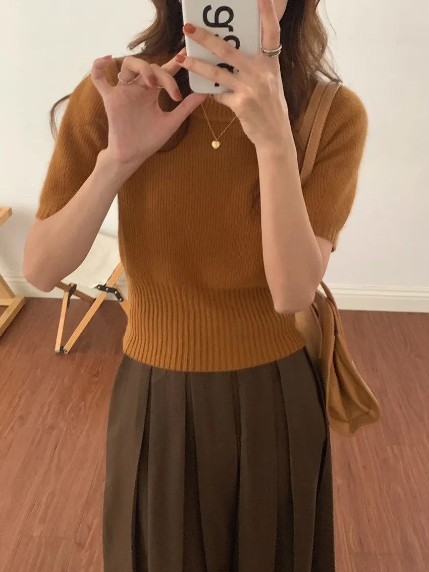 Cashmere knit short sleeve women's bottom loose top half sleeve T-shirt spring and autumn pullover short wool half sleeve