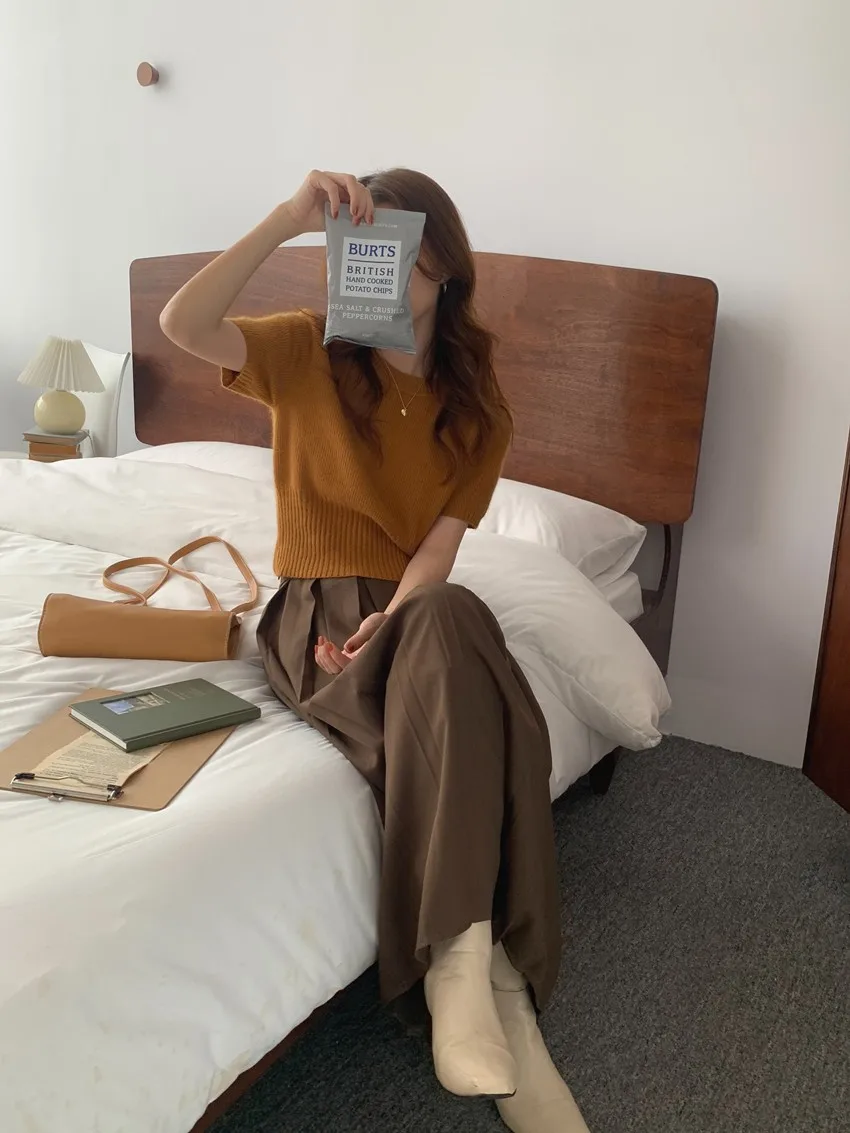 Cashmere knit short sleeve women's bottom loose top half sleeve T-shirt spring and autumn pullover short wool half sleeve