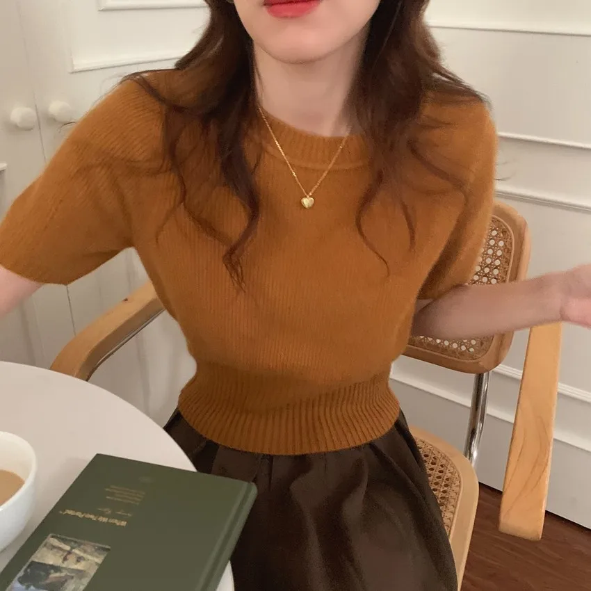 Cashmere knit short sleeve women's bottom loose top half sleeve T-shirt spring and autumn pullover short wool half sleeve