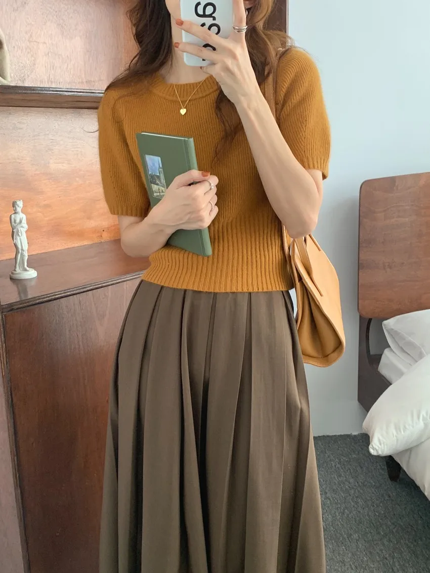 Cashmere knit short sleeve women's bottom loose top half sleeve T-shirt spring and autumn pullover short wool half sleeve