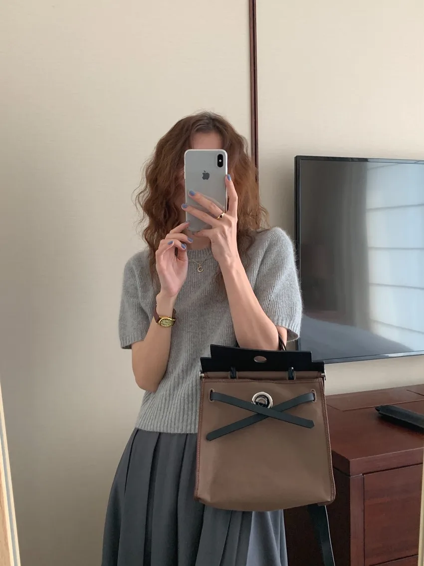 Cashmere knit short sleeve women's bottom loose top half sleeve T-shirt spring and autumn pullover short wool half sleeve