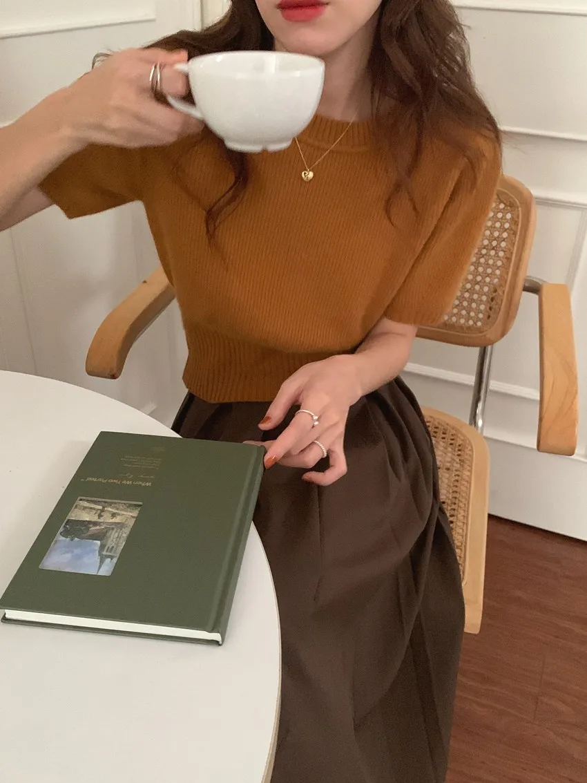Cashmere knit short sleeve women's bottom loose top half sleeve T-shirt spring and autumn pullover short wool half sleeve
