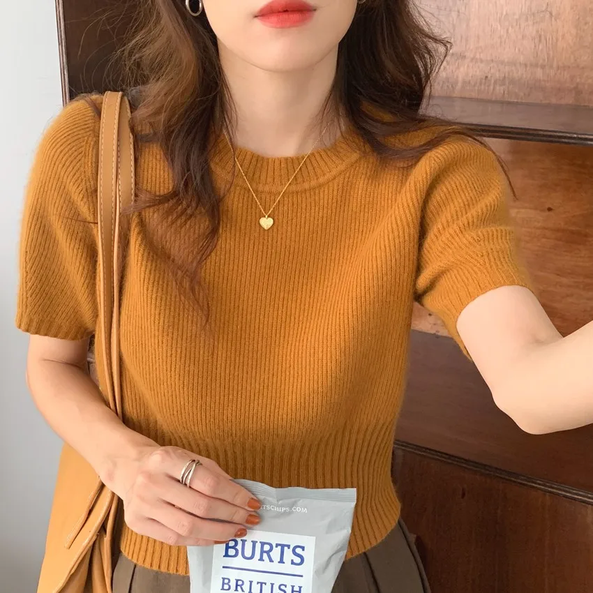 Cashmere knit short sleeve women's bottom loose top half sleeve T-shirt spring and autumn pullover short wool half sleeve