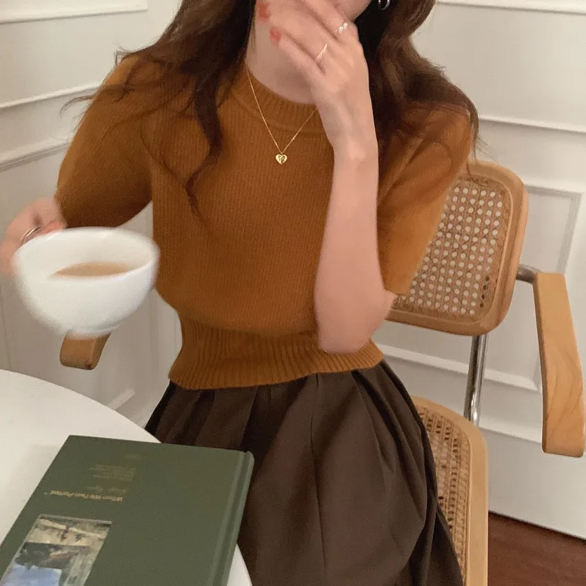 Cashmere knit short sleeve women's bottom loose top half sleeve T-shirt spring and autumn pullover short wool half sleeve