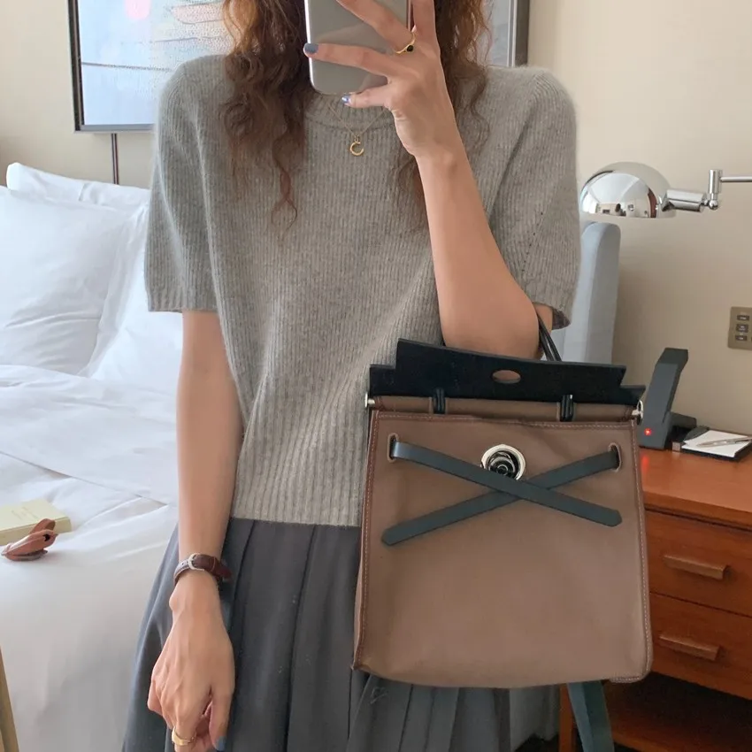 Cashmere knit short sleeve women's bottom loose top half sleeve T-shirt spring and autumn pullover short wool half sleeve