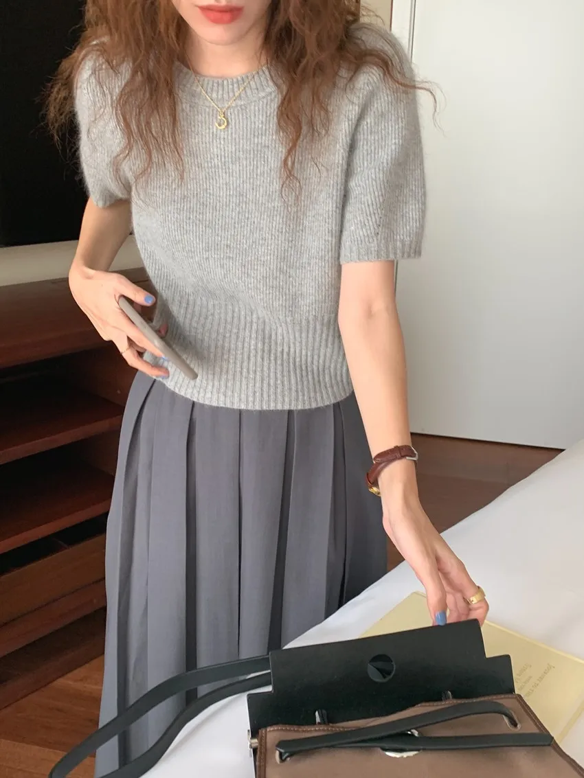 Cashmere knit short sleeve women's bottom loose top half sleeve T-shirt spring and autumn pullover short wool half sleeve