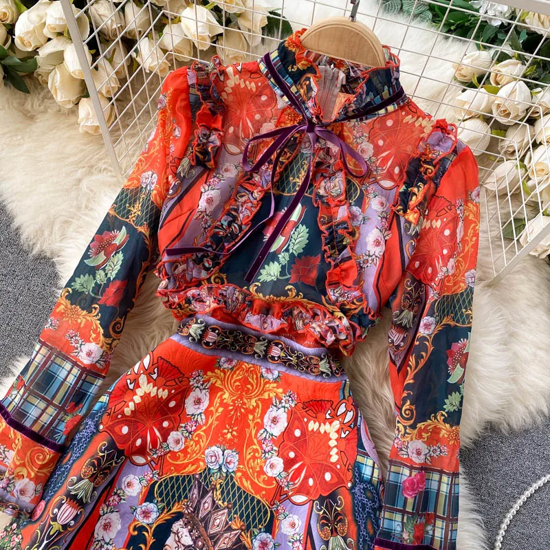 Retro Printed Elegant Dresses For Women Flare Sleeve Ruffles Ladies Holiday Party Dinner Female Dress Vestidos Платье Женское