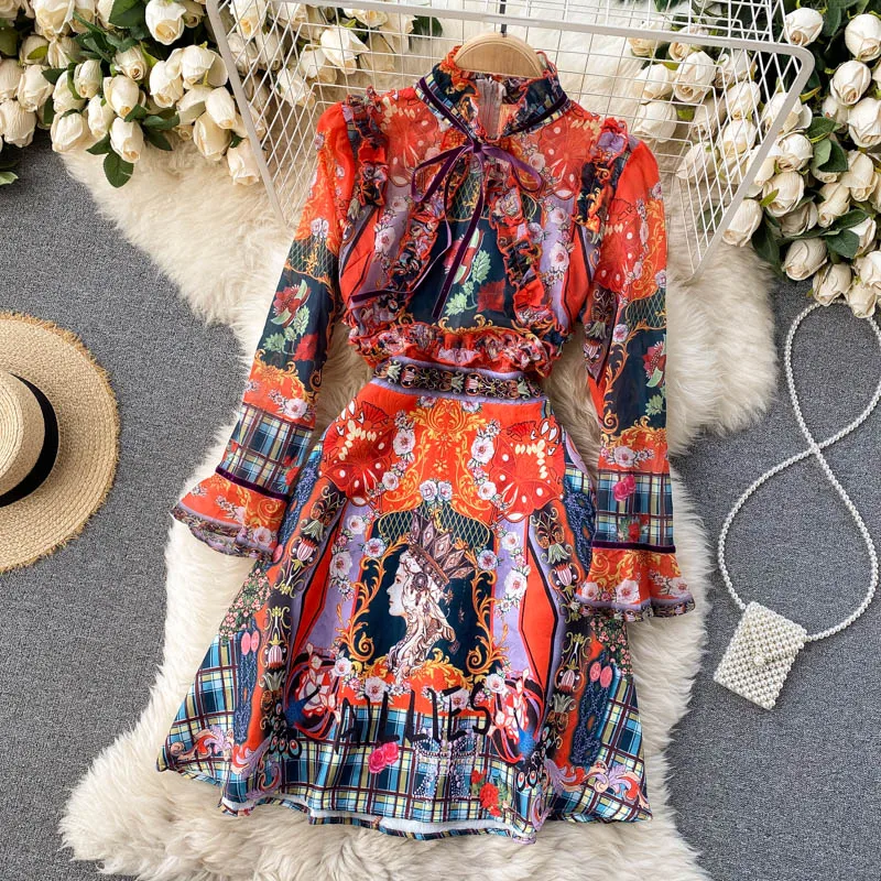 Retro Printed Elegant Dresses For Women Flare Sleeve Ruffles Ladies Holiday Party Dinner Female Dress Vestidos Платье Женское