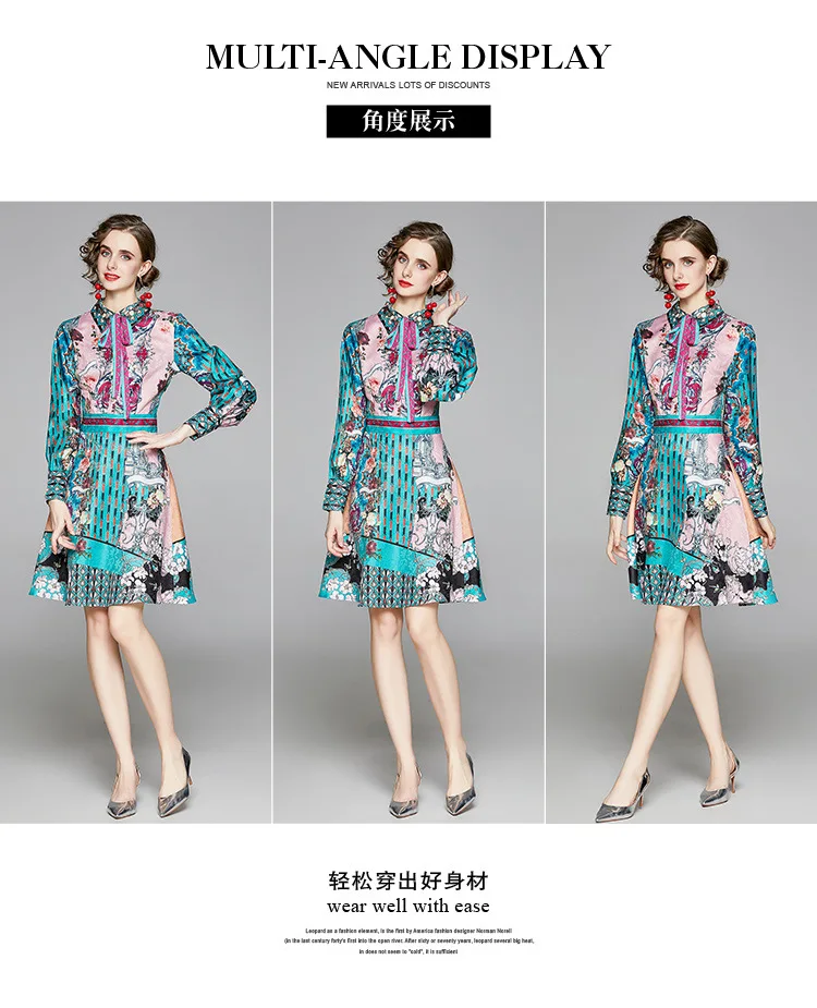 Retro Printed Elegant Dresses For Women Flare Sleeve Ruffles Ladies Holiday Party Dinner Female Dress Vestidos Платье Женское