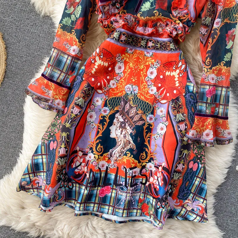 Retro Printed Elegant Dresses For Women Flare Sleeve Ruffles Ladies Holiday Party Dinner Female Dress Vestidos Платье Женское