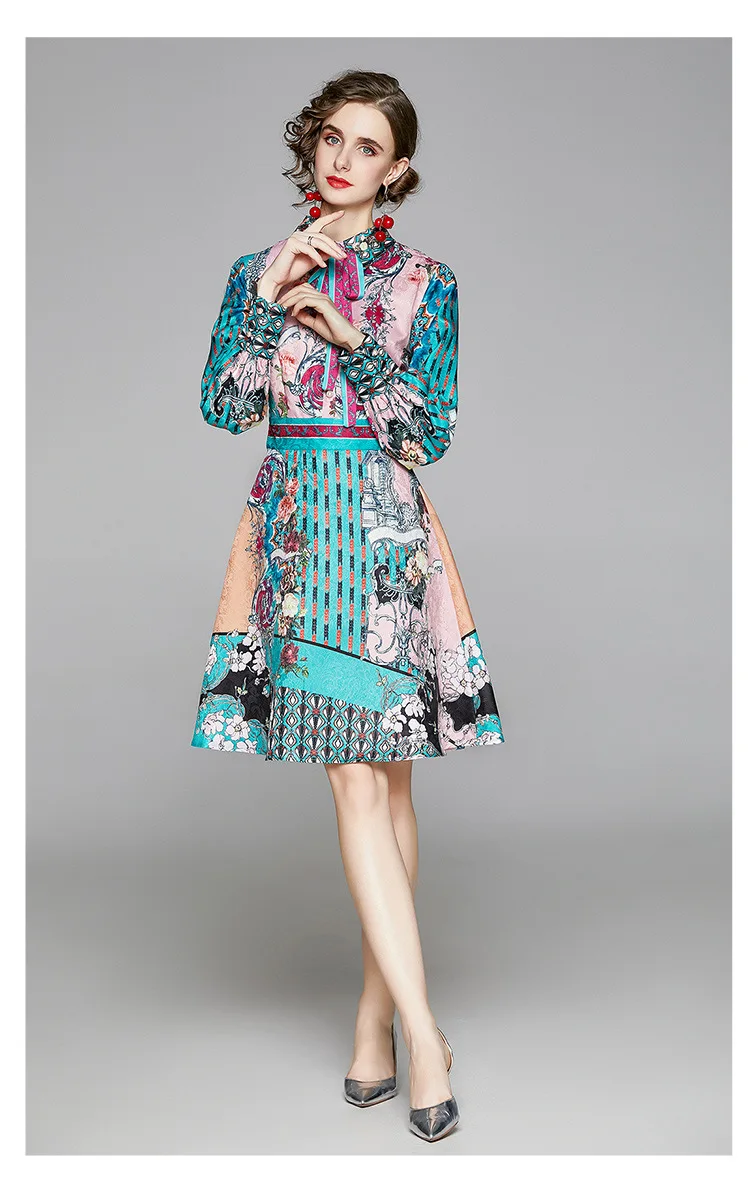 Retro Printed Elegant Dresses For Women Flare Sleeve Ruffles Ladies Holiday Party Dinner Female Dress Vestidos Платье Женское