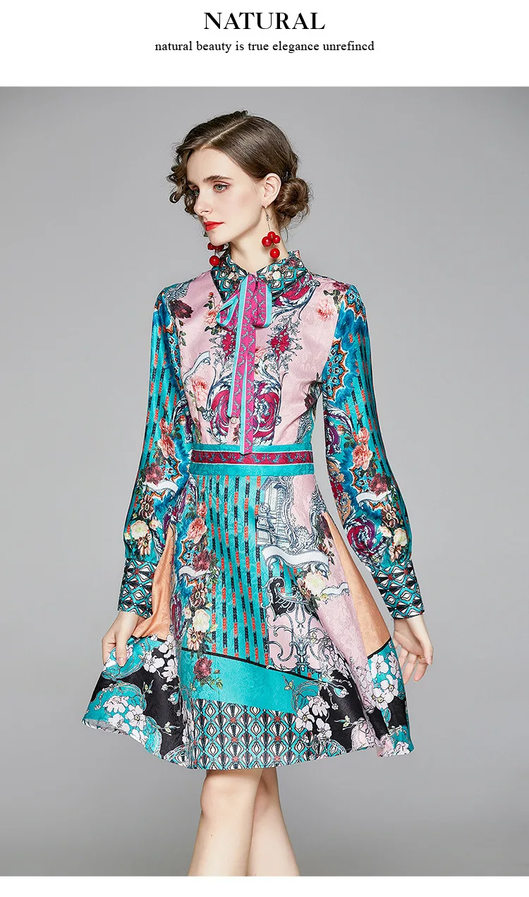 Retro Printed Elegant Dresses For Women Flare Sleeve Ruffles Ladies Holiday Party Dinner Female Dress Vestidos Платье Женское
