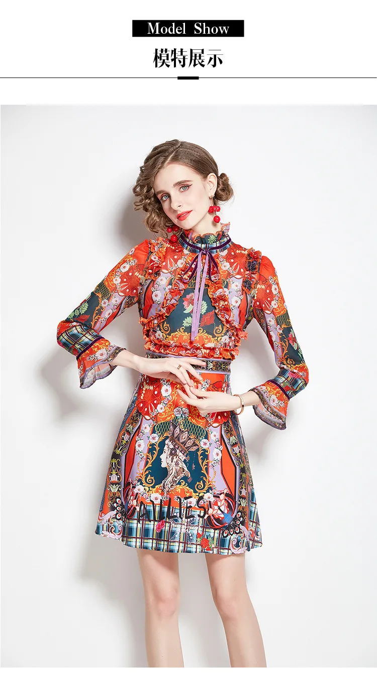 Retro Printed Elegant Dresses For Women Flare Sleeve Ruffles Ladies Holiday Party Dinner Female Dress Vestidos Платье Женское