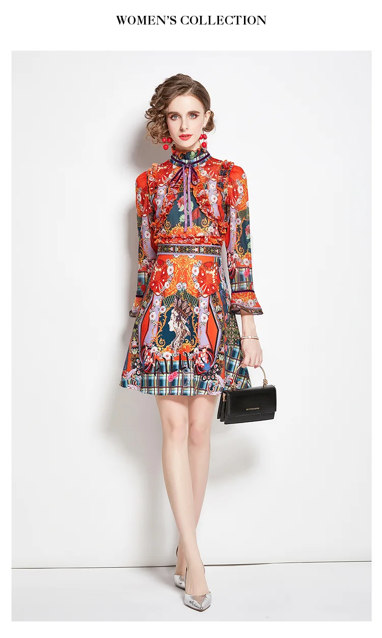Retro Printed Elegant Dresses For Women Flare Sleeve Ruffles Ladies Holiday Party Dinner Female Dress Vestidos Платье Женское
