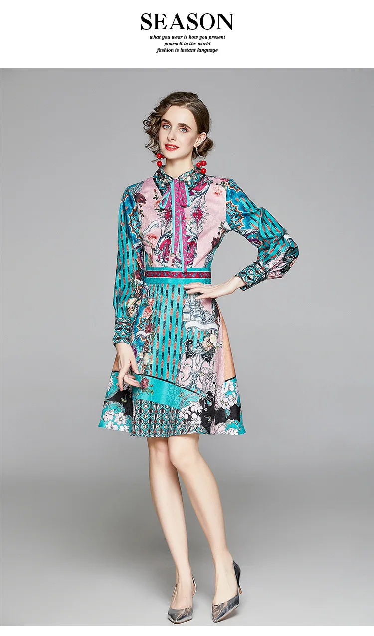 Retro Printed Elegant Dresses For Women Flare Sleeve Ruffles Ladies Holiday Party Dinner Female Dress Vestidos Платье Женское