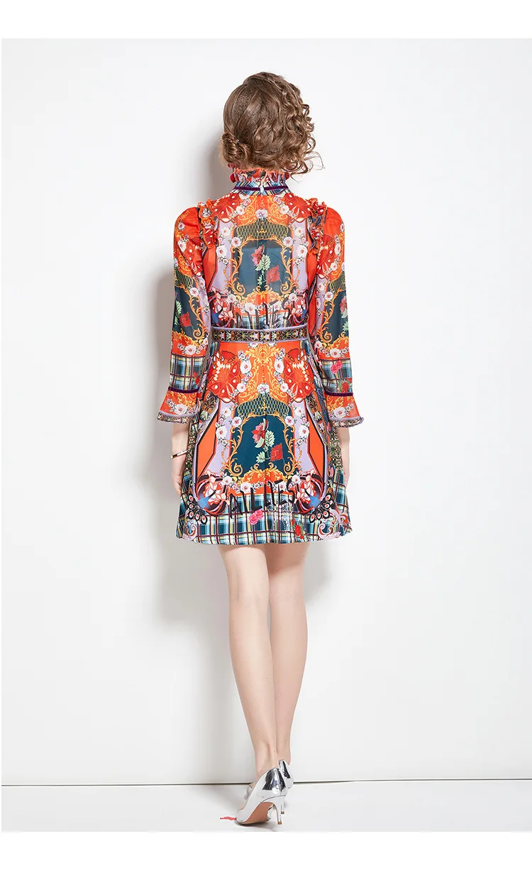 Retro Printed Elegant Dresses For Women Flare Sleeve Ruffles Ladies Holiday Party Dinner Female Dress Vestidos Платье Женское