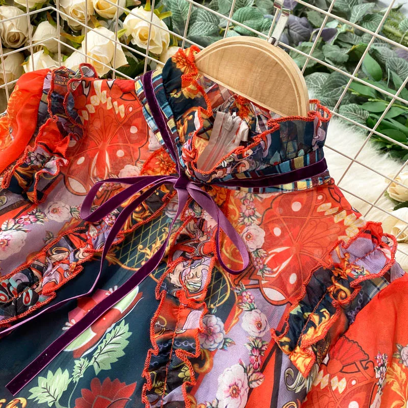 Retro Printed Elegant Dresses For Women Flare Sleeve Ruffles Ladies Holiday Party Dinner Female Dress Vestidos Платье Женское