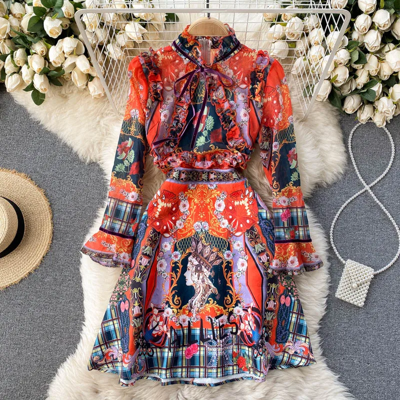 Retro Printed Elegant Dresses For Women Flare Sleeve Ruffles Ladies Holiday Party Dinner Female Dress Vestidos Платье Женское