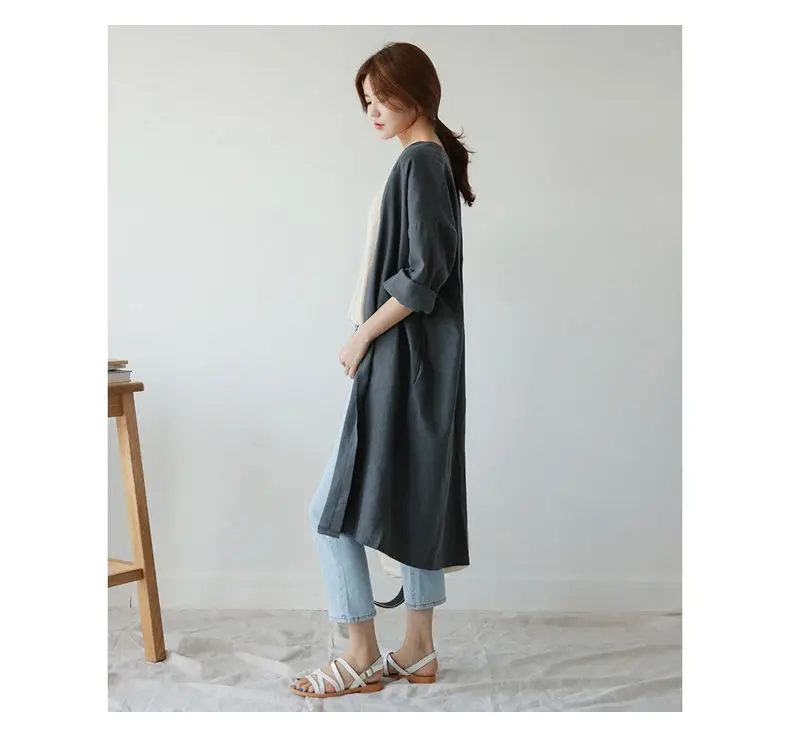 Women Linen Trench Coat Korean Fashion Cotton Linen Long Cardigan Plus Size Sun Protection Clothing Loose Thin Mid Length Coat